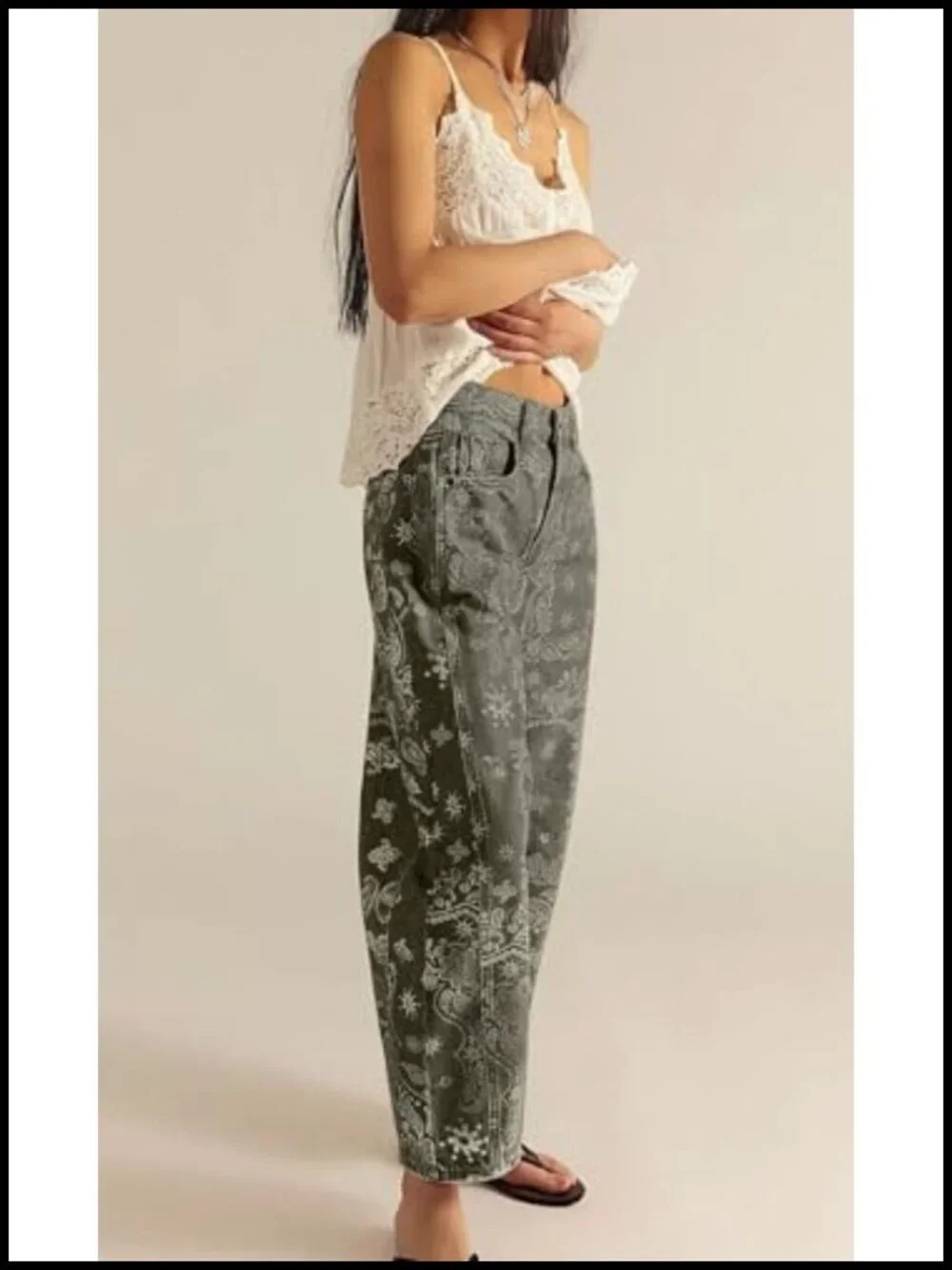 Women's Baggy Barrel Jeans Floral Print Denim Ankle Pants Wide Leg Mid Rise